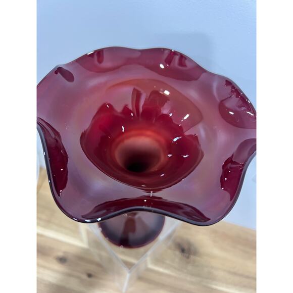Hobbyist (?) Hand Blown Fluted Vase Maroon Red Maker Unknown - Picture 5 of 11